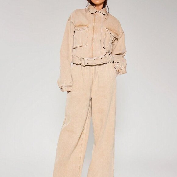 Khaki Casual Women's Collared Pocket Detail Belted Longline Cropped Denim Jacket - Picture 4 of 5